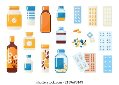 Cartoon medicine. Pharmacy containers. Bottles with drugs. Pills blisters. Medical vials and jars. Remedy capsules. Painkiller or antibiotic tablets. Vector pharmaceutical packages set