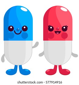 Cartoon medicine. Pills and capsules characters. Vector illustration