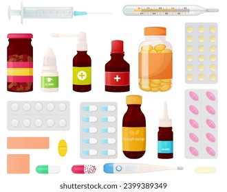 Cartoon medicine set. Bottles , pills, drugs, spay, thermometer, drops, plaster, syringe isolated on white