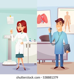 Cartoon medicine vertical banners with male and female smiling doctors in hospital in flat style vector illustration