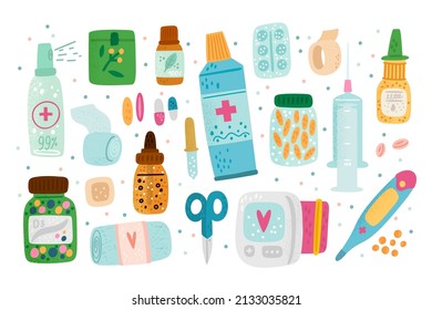 Medicamentos para dibujos animados. Objetos de farmacia dibujados a mano. Drogas y mezclas. Píldoras y termómetro. vendas estériles e instrumentos médicos. Jeringa o desinfectante. Vector