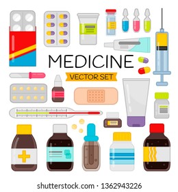 Cartoon medicines set. Vector illustration of tablets, medicines and drugs.
