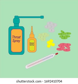 Darreichungsform. Vektorillustration. Mittel für den Hals, Mittel für die Nase, Tabletten, Thermometer. Sprühstoß. Nasenspray.