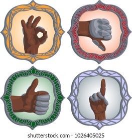 Cartoon medieval art with set of hand gestures and beautiful borders on white background