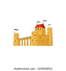 Cartoon medieval building, royal kingdom tower with bridge, fort of stone with flags. Vector fairy palace, ancient fairytale castle symbol of kingdom. Citadel with wall, king and queen home