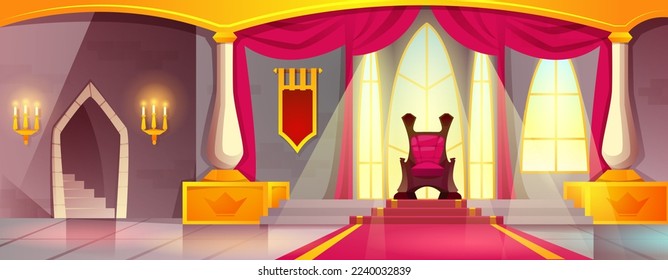 Castillo medieval de caricatura con salón de baile vacío, velas encendidas y camino de alfombra roja al trono rey en pedestal. Salón interior del palacio real o sala de ceremonias con columnas, cortinas en la ventana, silla reina.