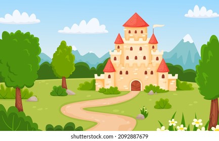 Cartoon medieval castle, fairytale landscape with princess palace. Magic kingdom fortress in forest, children fairy tale vector illustration. Royal historical mansion with beautiful nature