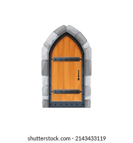 Cartoon medieval castle gate or door, exterior arch portal with stone doorway. Vector wooden fairytale arched entry of dungeon or palace. Isolated temple exterior gate with forgery and knob