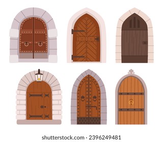 Cartoon Medieval Castle Gates And Doors. Isolated Vector Set of Exterior Arch Portals With Stone Doorways. Wooden Fairytale Arched Entries. Palace Architecture Elements With Forgery And Ring Knobs.