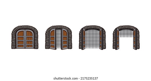 Cartoon medieval castle gates opening animation for game. Palace door sprite sheet motion. Fortress entrance, open and closed wooden arch with metal grate, old doorway or gateway Vector illustration