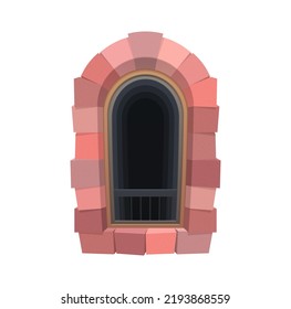 Cartoon Medieval Castle Prison Window. Arabic Jail Exterior Window. Medieval Palace Or Castle Prison Isolated Vector Window With Stone Or Red Brick Arch, Metal Grates Or Steel Lattice