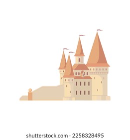 Cartoon medieval castle, cartoon queen or king palace with towers and flag. Vector cinderella fantasy fort, stony building. Royal fortress