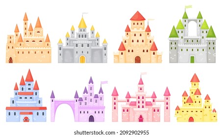 Cartoon medieval castles, ancient fortress, fairy tale palace. Fortified palace exterior, mansion, fairytale princess castle towers vector set. Historical defensive building or old royal kingdom