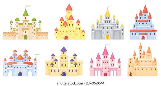 Cartoon medieval castles, fairytale princess castle towers. Fantasy kingdom magic palace, king fortress, gothic mansion exterior vector set. Dream mysterious royal building with gate