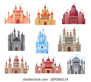 Cartoon medieval castles and fortress of king palace, vector icons. Medieval kingdom castles with fort towers and royal flags, fairy tale cartoon architecture buildings of stronghold citadels