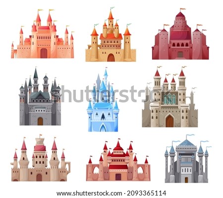 Cartoon medieval castles and fortress of king palace, vector icons. Medieval kingdom castles with fort towers and royal flags, fairy tale cartoon architecture buildings of stronghold citadels