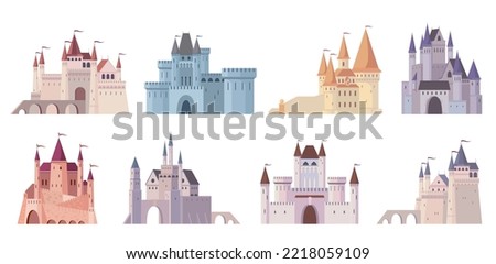 Cartoon medieval castles isolated vector set. European ancient palace buildings, fortresses and towers architecture. Fortified fabulous stronghold construction. Magic princess castles flat design