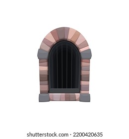 Cartoon Medieval Castles Prison Window. Medieval Jail Or Castle Exterior Window, Ancient Palace Prison Isolated Vector Window With Red Stone Bricks Arch And Metal Grate Bars