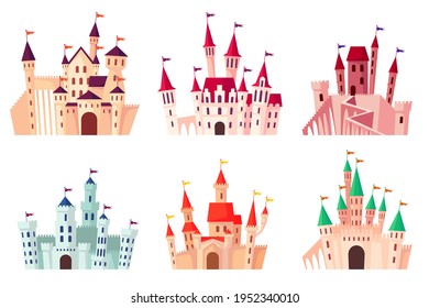 Cartoon medieval castles vector illustration set. Collection of gothic towers, fortified palaces, mansions isolated on white background. Fairytale, ancient buildings, fortresses concept