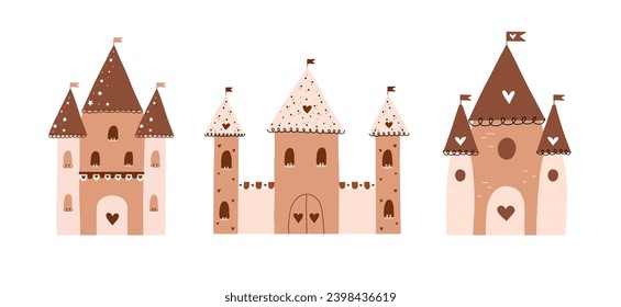 Cartoon medieval castles vector illustration set. Collection fortified palaces, mansions isolated on white background. Fairytale, ancient buildings, fortresses concept. Magic castle vector hand drawn