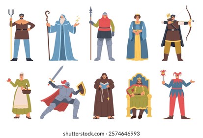 Cartoon medieval characters. European middle ages people, historic period, men, women in ancient costumes, knight, king, jester, vector set