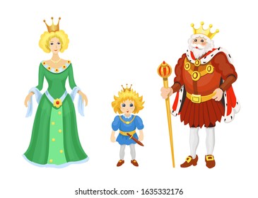 Cartoon Medieval characters. Fairy tale King queen and prince icons. Fairytale fantasy vector set