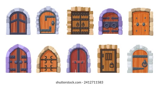 Cartoon medieval doors. Old castle door, stone gates entrance. Vintage wooden entries with metal details, dungeon doorway nowaday vector clipart