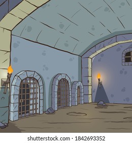 Cartoon medieval dungeon background. Vector clip art illustration with simple gradients. background and torch fire on separate layers. 
