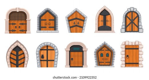 Cartoon medieval dungeon or castle wood door and gates. Fantasy ancient tower metal gate with stone arch frame. Fortress entrance vector set. Outdoor entry to historic building with handle