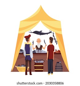 Cartoon medieval fair. Middle ages or fairy tale fair market with characters standing in costumes. Sell various fish products