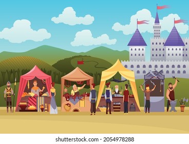 Cartoon Medieval Fair. Middle Ages Or Fairy Tale Fair Market With Characters Standing In Costumes. Sell Various Products