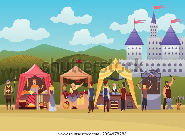 Cartoon medieval fair. Middle ages or fairy tale\
fair market with characters standing in costumes. Sell various\
products