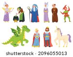 Cartoon medieval fairytale characters, magic unicorn and dragon. Fantasy fairy tale witch and magician, princess, king and queen vector set. People in middle aged costumes and fantastic creatures