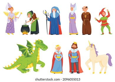 Cartoon medieval fairytale characters, magic unicorn and dragon. Fantasy fairy tale witch and magician, princess, king and queen vector set. People in middle aged costumes and fantastic creatures