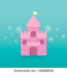 Cartoon medieval fun castle with flag. Magic cartoon castle for princess from fairy tale icon. Funny cartoon castle with decoration background.