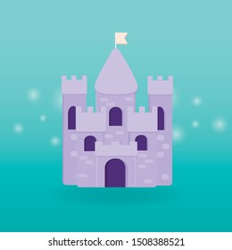 Cartoon medieval fun castle with flag. Magic cartoon castle for princess from fairy tale icon. Funny cartoon castle with decoration background.