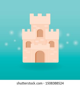 Cartoon medieval fun castle with flag. Magic cartoon castle for princess from fairy tale icon. Funny cartoon castle with decoration background.