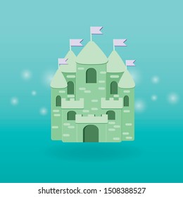 Cartoon medieval fun castle with flag. Magic cartoon castle for princess from fairy tale icon. Funny cartoon castle with decoration background.