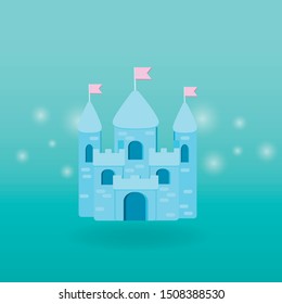 Cartoon medieval fun castle with flag. Magic cartoon castle for princess from fairy tale icon. Funny cartoon castle with decoration background.