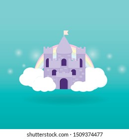 Cartoon medieval fun castle with flag. Magic cartoon castle for princess from fairy tale icon. Funny cartoon castle with decoration background.