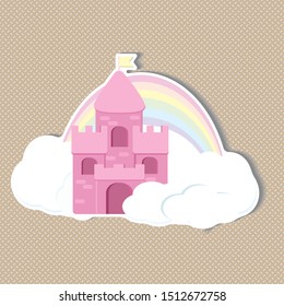 Cartoon medieval fun castle with flag. Magic cartoon castle for princess from fairy tale icon. Funny cartoon castle with decoration background. Sticker