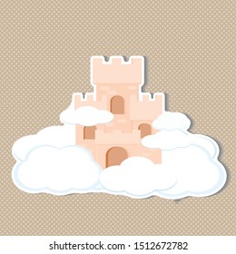 Cartoon medieval fun castle with flag. Magic cartoon castle for princess from fairy tale icon. Funny cartoon castle with decoration background. Sticker