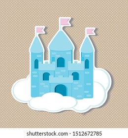 Cartoon medieval fun castle with flag. Magic cartoon castle for princess from fairy tale icon. Funny cartoon castle with decoration background. Sticker