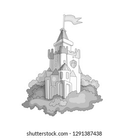 Cartoon medieval fun colorless castle with flag and grass. Magic cartoon castle for princess from fairy tale icon. Funny grayscale cartoon castle with white background.