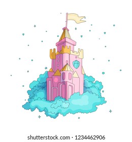 Cartoon medieval fun pink castle with flag in blue clouds. Magic cartoon castle for princess from fairy tale icon. Funny pink cartoon castle with decoration background.