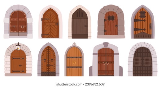 Cartoon Medieval Gates And Doors. Wooden And Stone Fairytale Arched Entries. Palace Or Castle Exterior Design Elements With Forged Decoration And Ring Knobs. Isolated Vector Illustration, Set