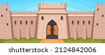 Cartoon medieval kingdom stone wall with gates and towers. Castle or town fortress with arched door. Fantasy dungeon brick wall vector scene. Ancient stronghold for protection or defending
