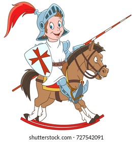 Cartoon Medieval Knight Riding A Horse. Colorful Book Page Design For Kids And Children.