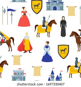 Caricatura Medieval Knight Patrón sin inconvenientes en un blanco con un escudo, castillo, espada, rey, guerrero, bandera, príncipe y princesa. Iconos ilustrados por vectores
