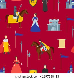 Caricatura Medieval Knight Patrón sin inconvenientes: Escudo, Castillo, Espada, Rey, Guerrero, Bandera, Príncipe y Princesa. Iconos ilustrados por vectores